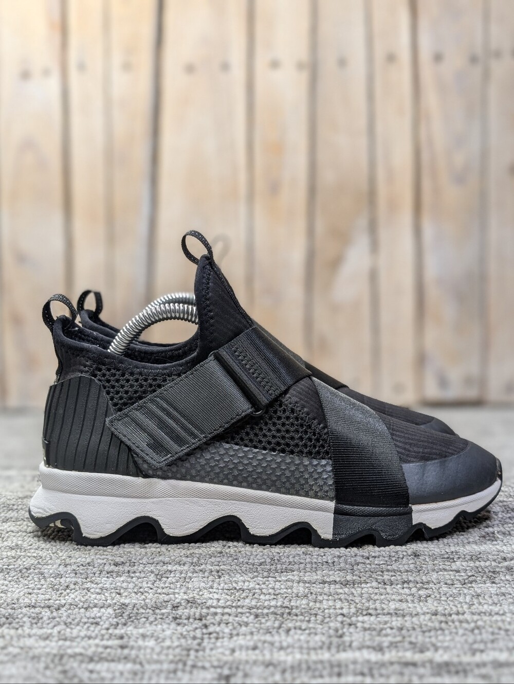 Women's SOREL Kinetic Sneak in Black and White Velcro Strap